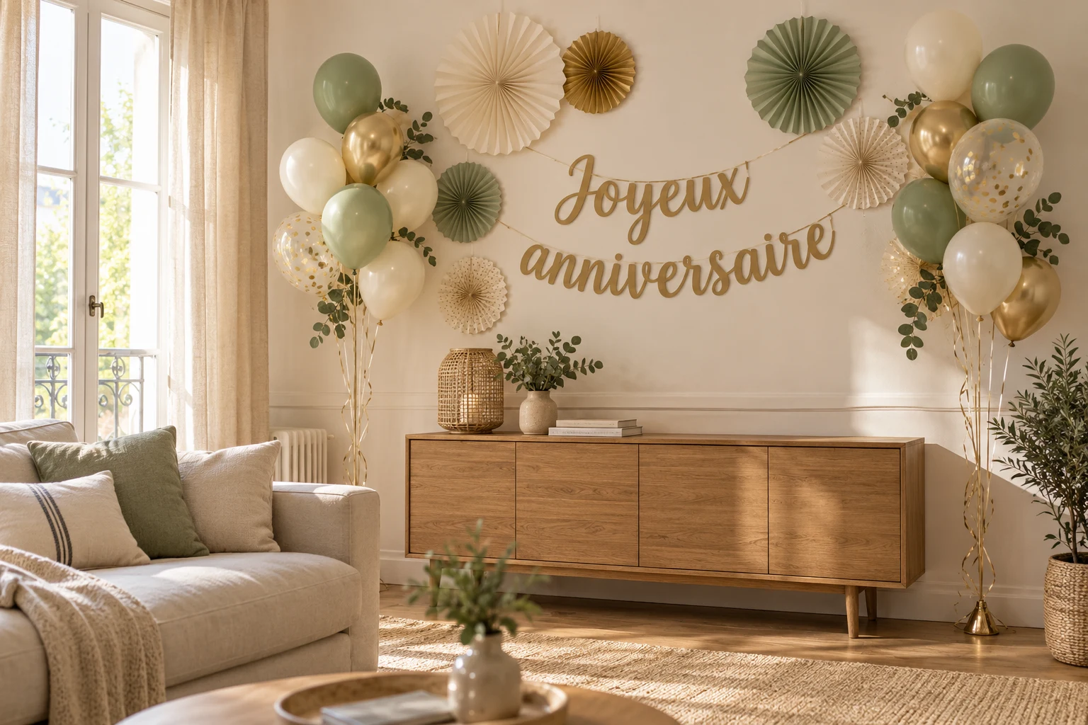 Salon décoré avec une guirlande Joyeux anniversaire et des ballons pour un anniversaire surprise — illustration générée