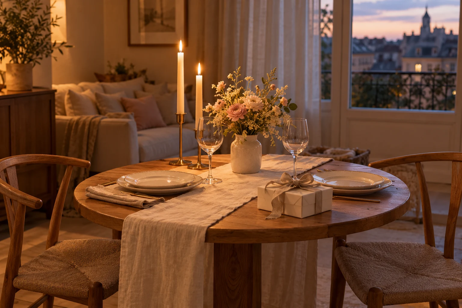 Table pour deux préparée avec des fleurs et des bougies pour une ambiance romantique — illustration générée