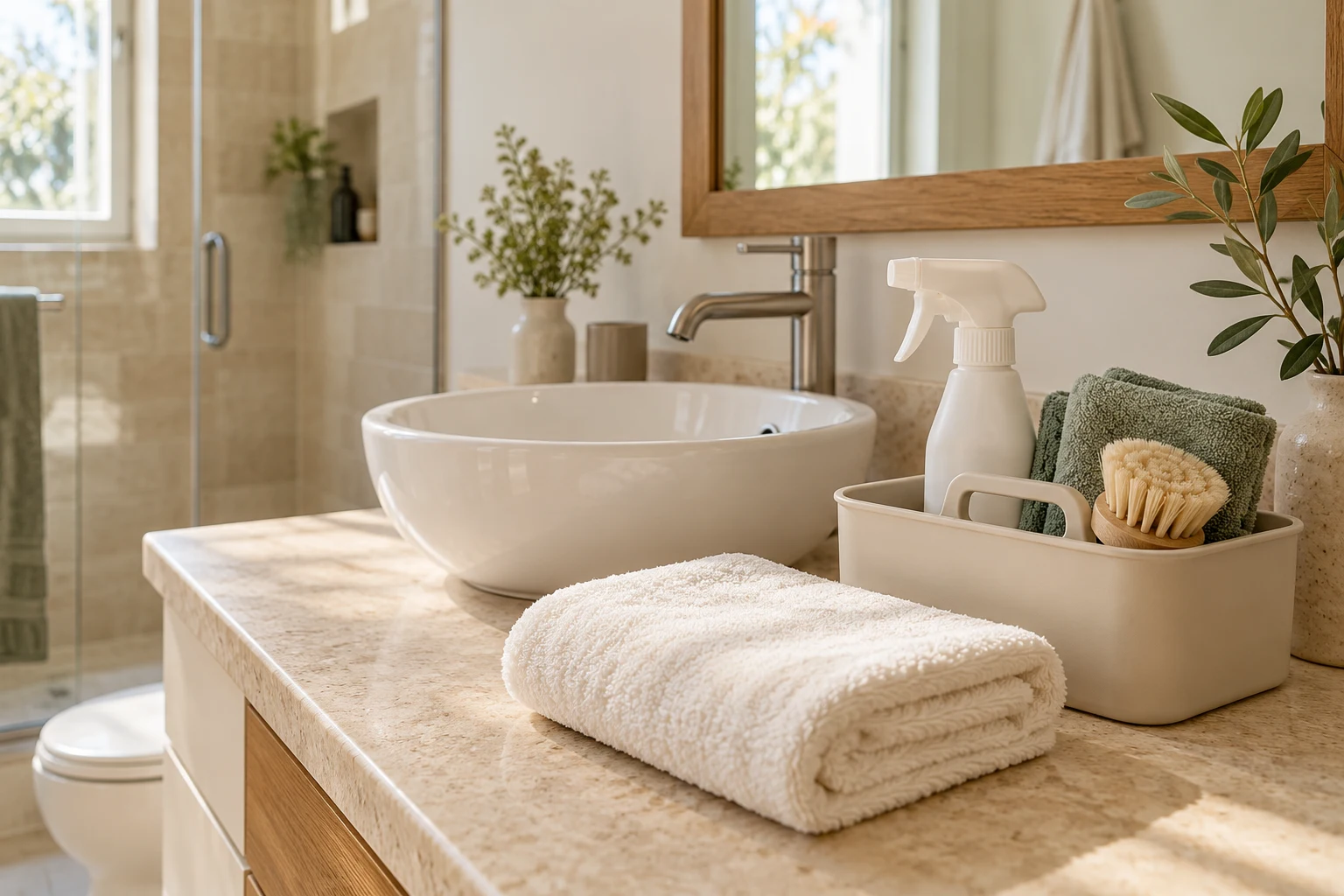 Salle de bain préparée avec du linge propre et du matériel de nettoyage — illustration générée